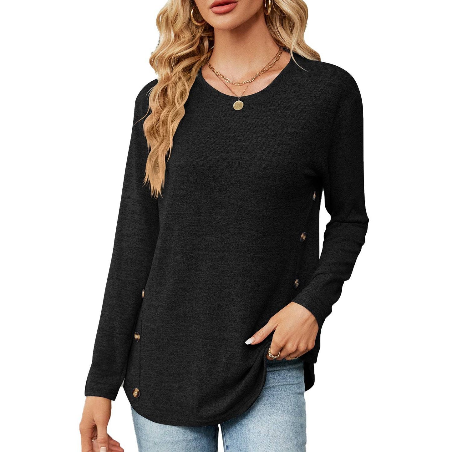 Button-Up Long Sleeve Polyester Top for Women  S Black 