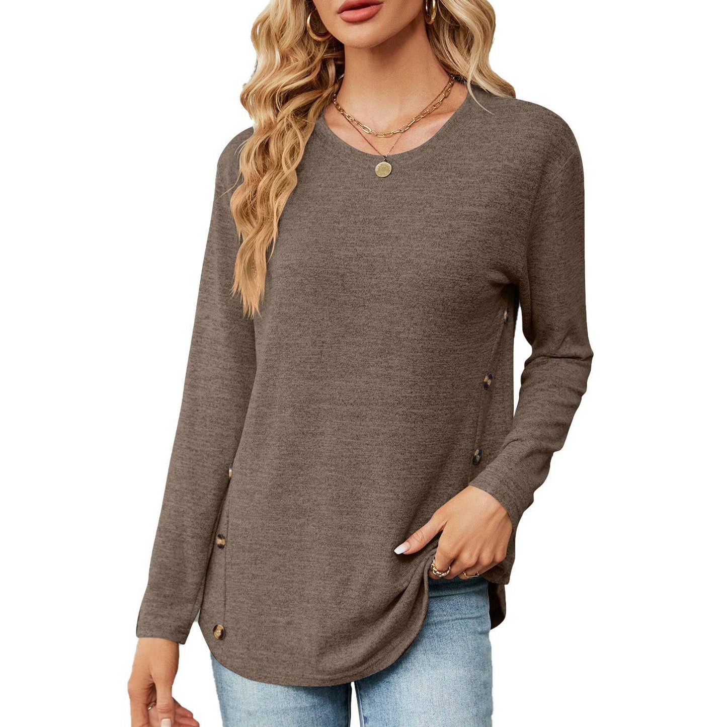 Button-Up Long Sleeve Polyester Top for Women  S Coffee 