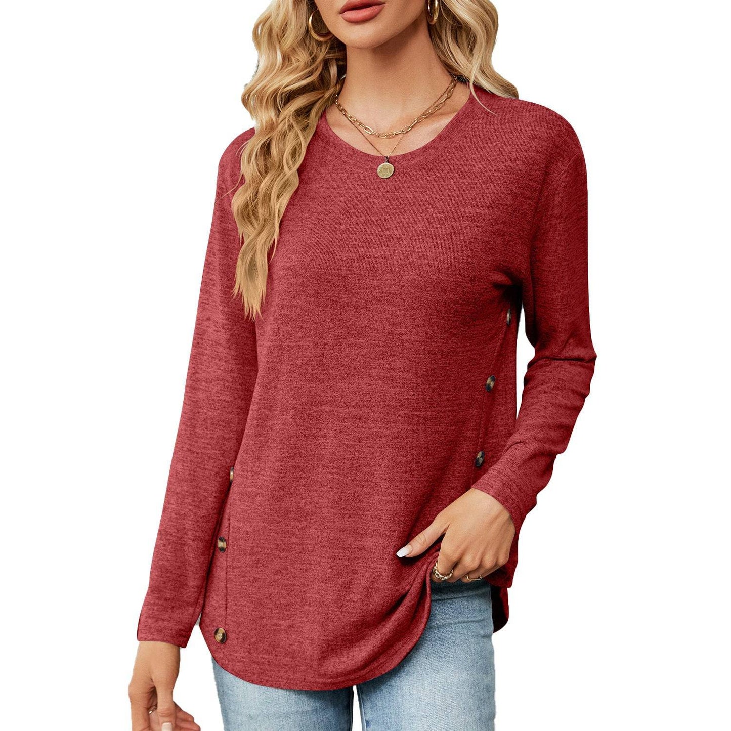 Button-Up Long Sleeve Polyester Top for Women  S Red 