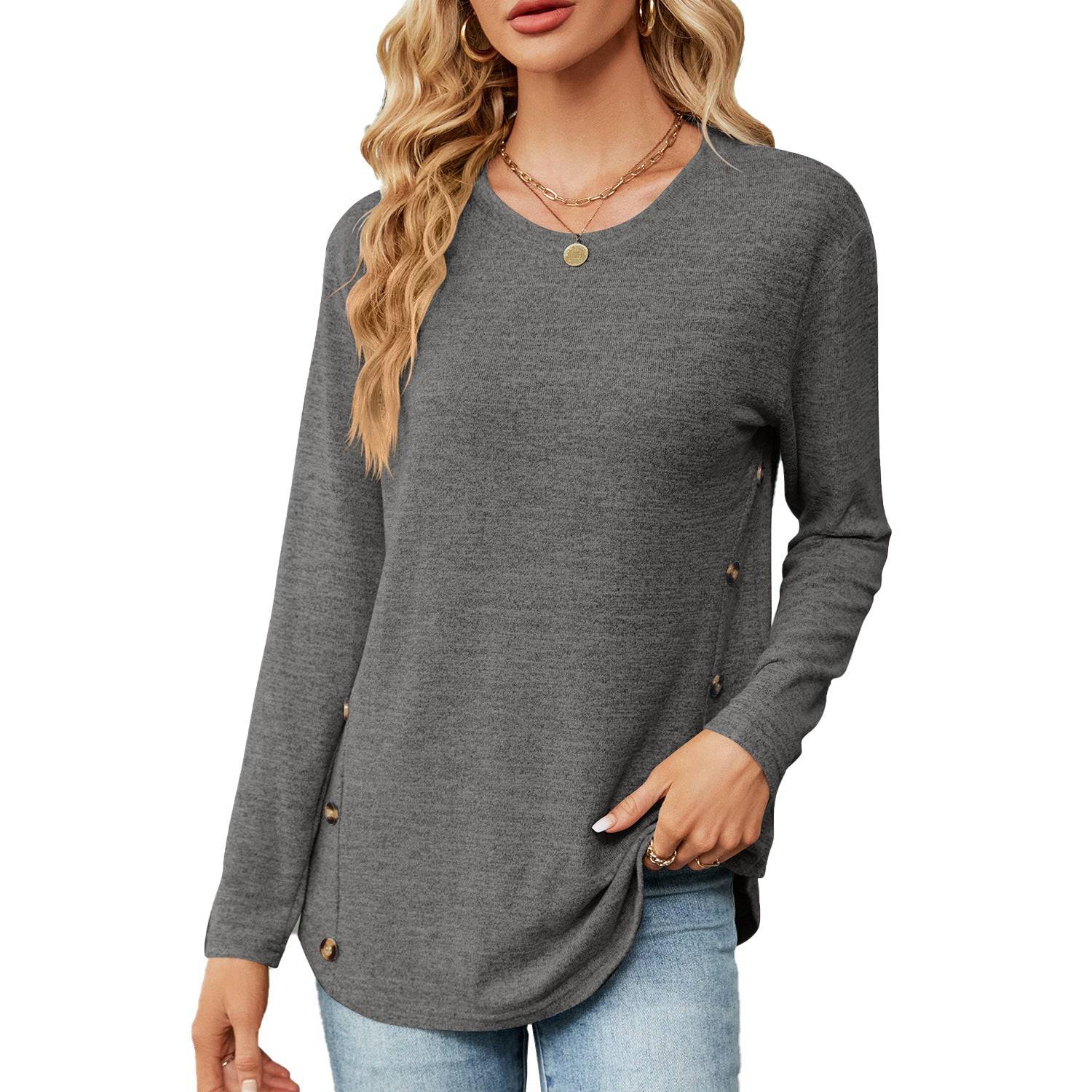 Button-Up Long Sleeve Polyester Top for Women  S Dark Grey 