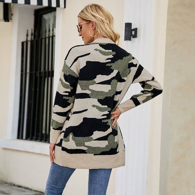 Camouflage Sweater Women's Long Cardigan Coat    