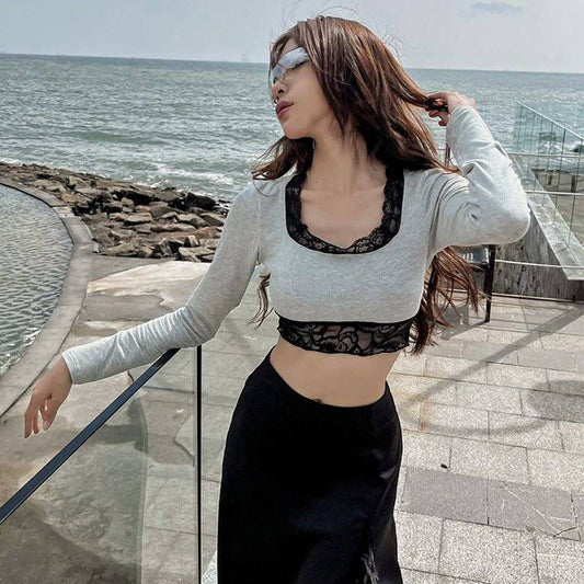 Captivating Lace Patchwork Long Sleeve Crop Top for Women    