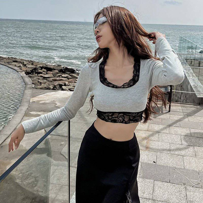 Captivating Lace Patchwork Long Sleeve Crop Top for Women  S Gray 