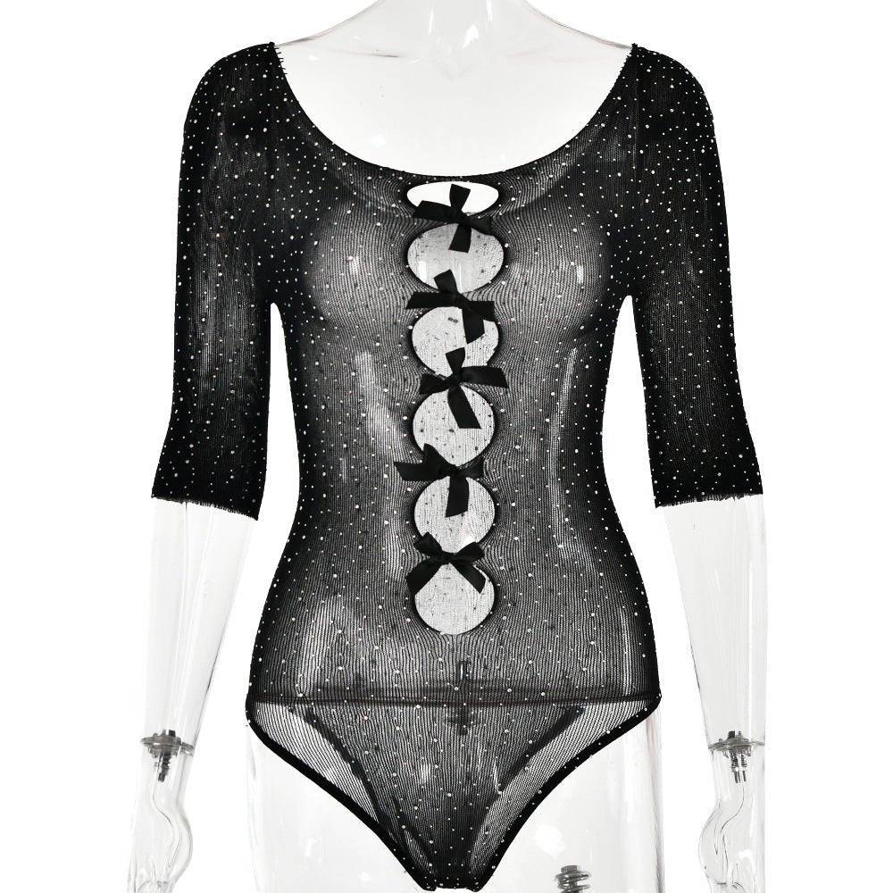 Captivating Rhinestone-Embellished See-Through Jumpsuit for Autumn  One Size Black 