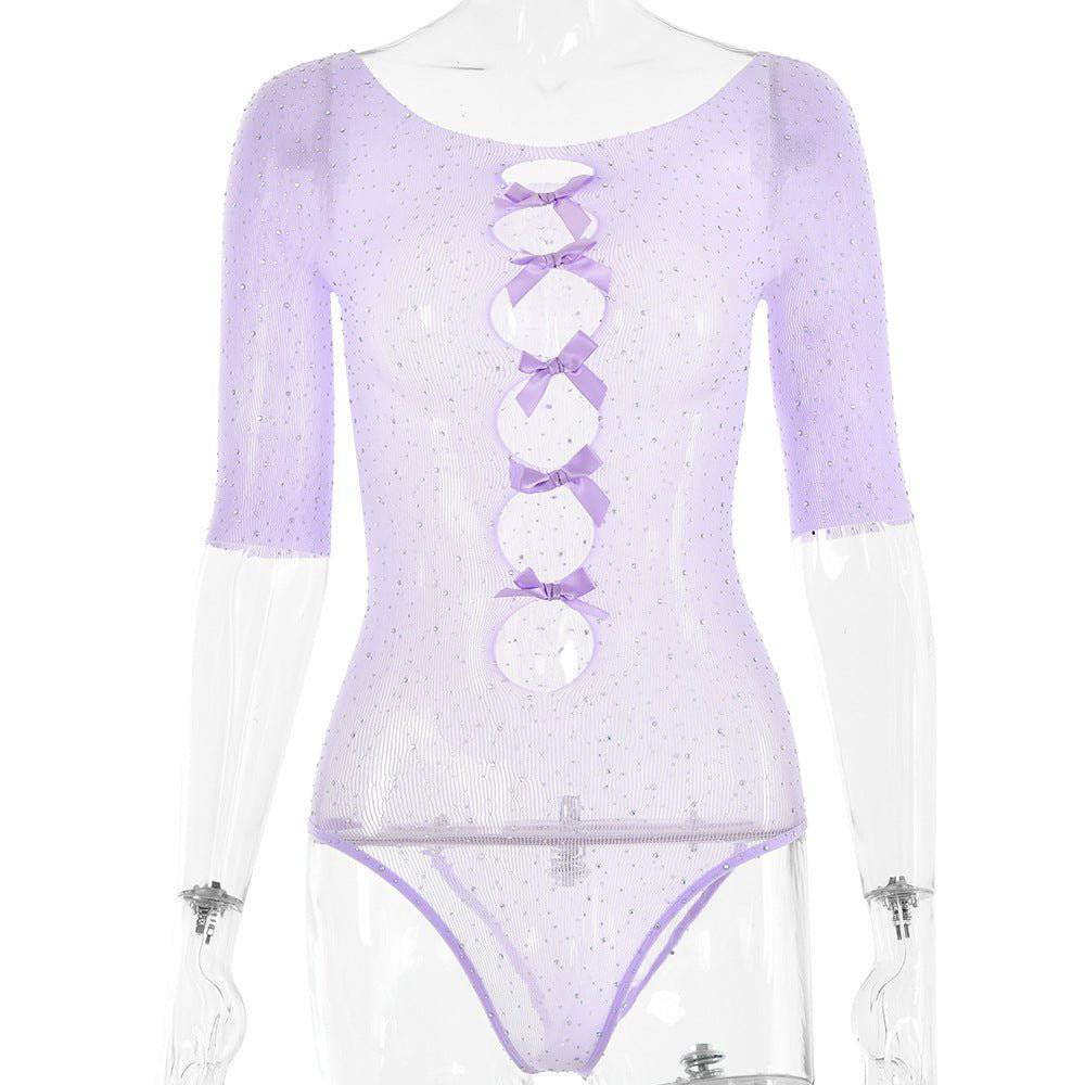 Captivating Rhinestone-Embellished See-Through Jumpsuit for Autumn  One Size Purple 