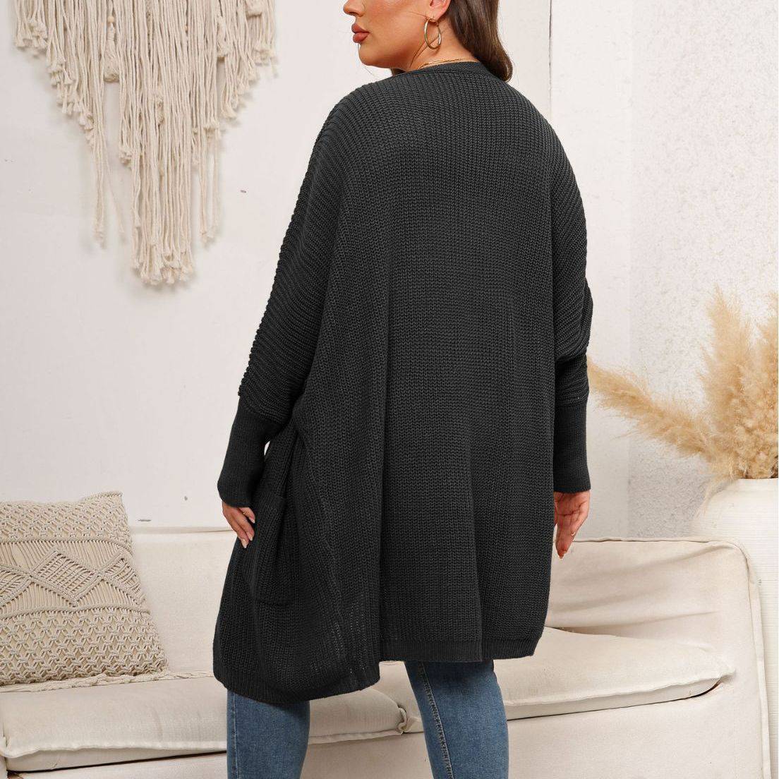 Black Plus Size Knit Cardigan with Batwing Sleeves and Double Large Pockets - Sweater Coat for Women