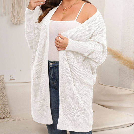 White Plus Size Knit Cardigan with Batwing Sleeves and Double Large Pockets - Sweater Coat for Women