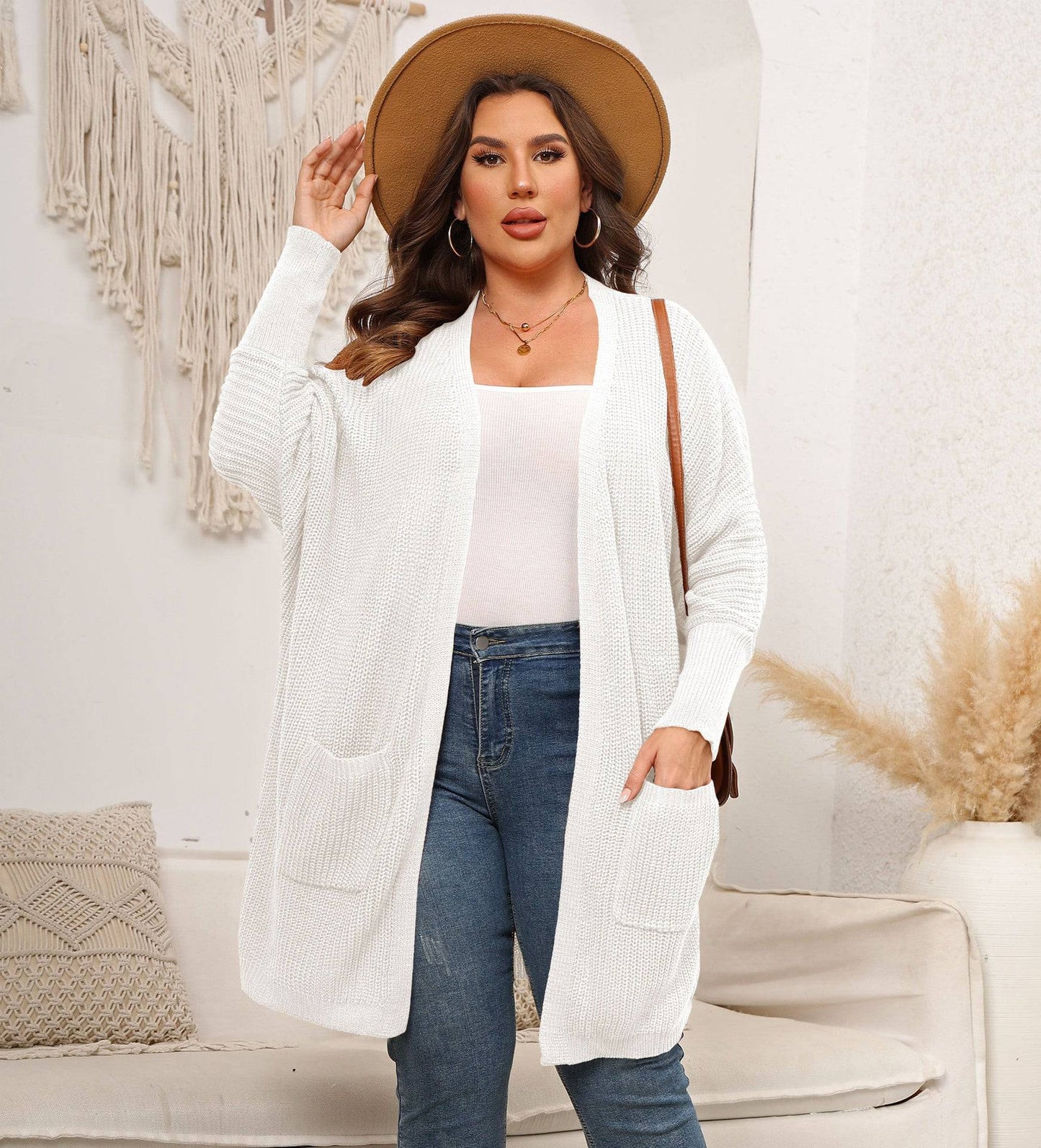 White Plus Size Knit Cardigan with Batwing Sleeves and Double Large Pockets - Sweater Coat for Women