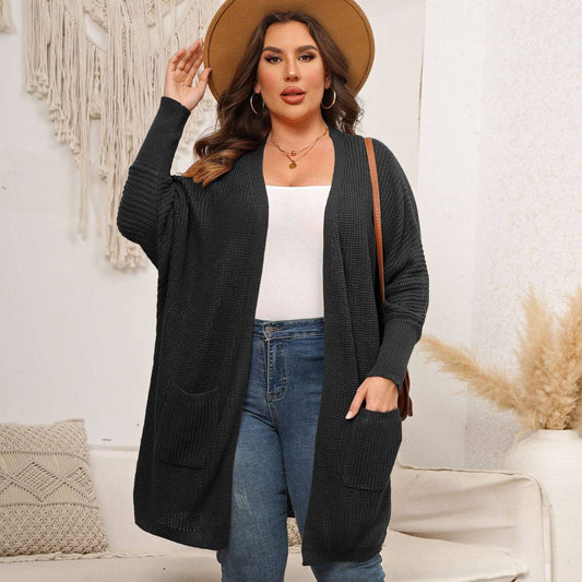 Black Plus Size Knit Cardigan with Batwing Sleeves and Double Large Pockets - Sweater Coat for Women