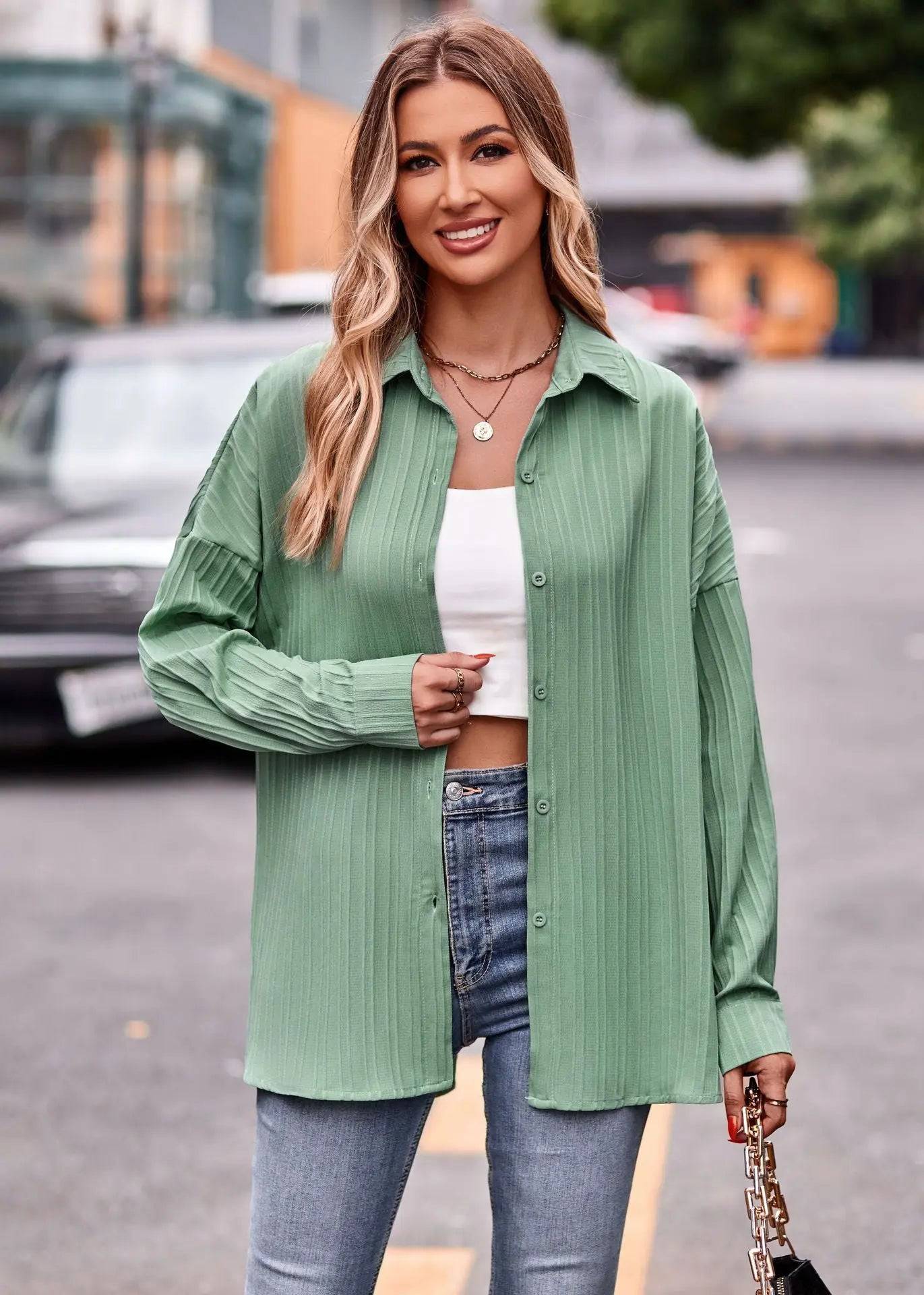 Casual Double Line Jacquard Loose Fitting Long Sleeve Shirt for Women  S Green Beans 