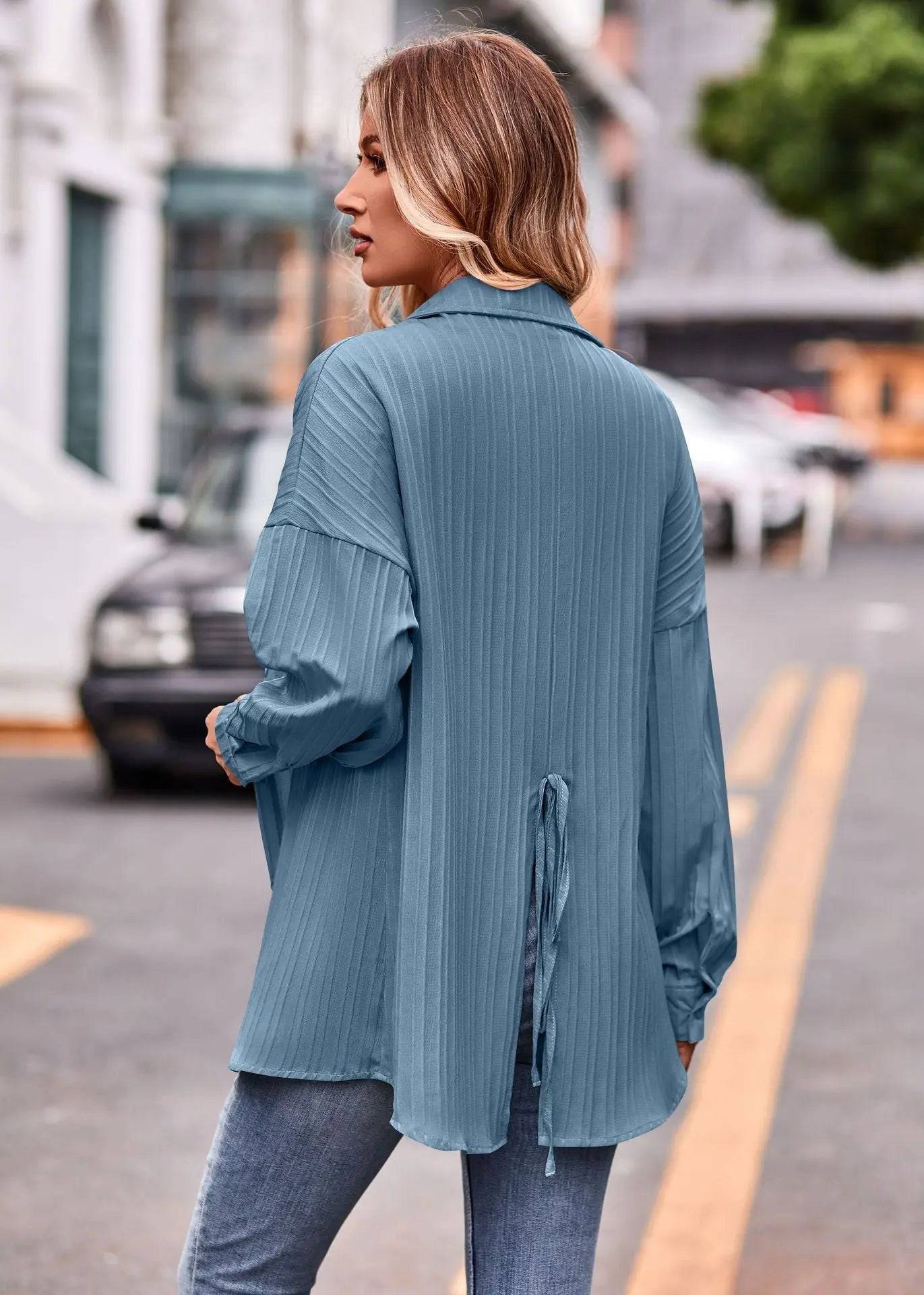 Casual Double Line Jacquard Loose Fitting Long Sleeve Shirt for Women    