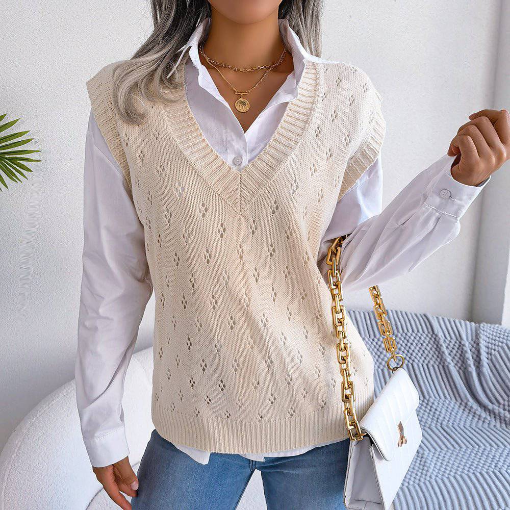 Casual Hollow Out V-Neck Knitted Vest Sweater for Women  S Apricot 