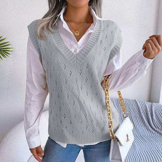 Casual Hollow Out V-Neck Knitted Vest Sweater for Women  S Gray 