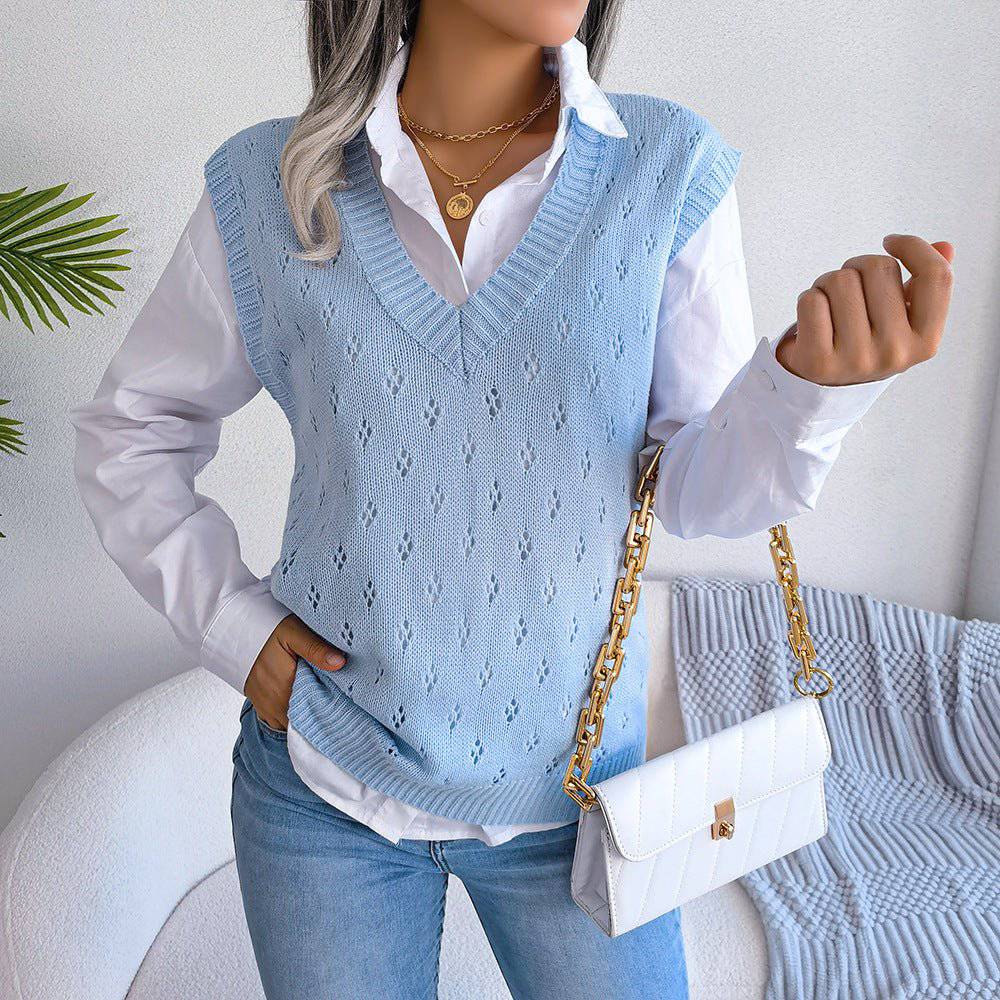 Casual Hollow Out V-Neck Knitted Vest Sweater for Women  S Blue 