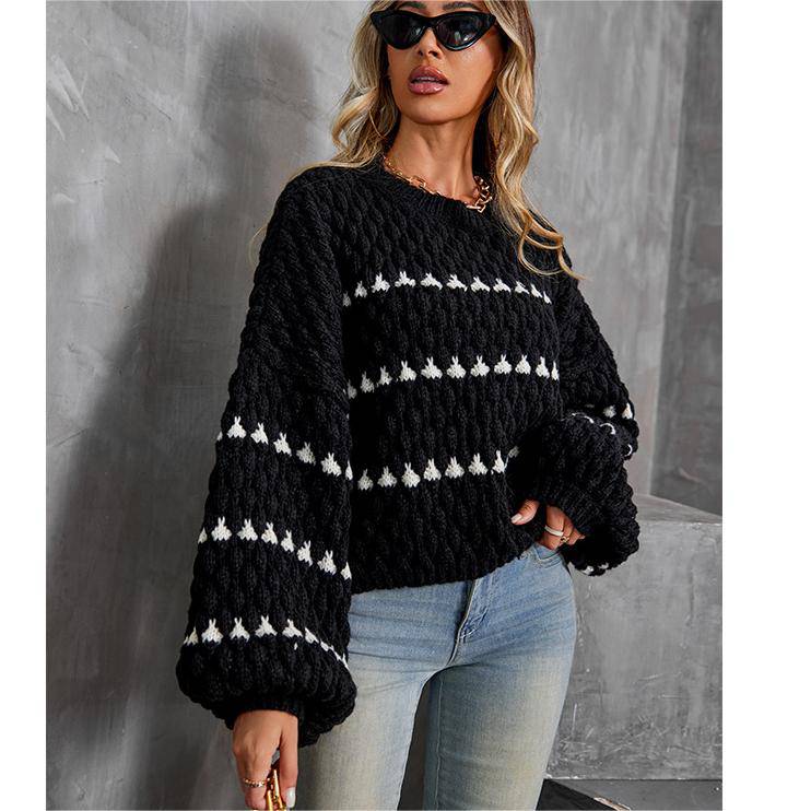 Casual Loose-Fit Geometric Lantern Sleeve Sweater for Women - Fall/Winter Jersey Outerwear    