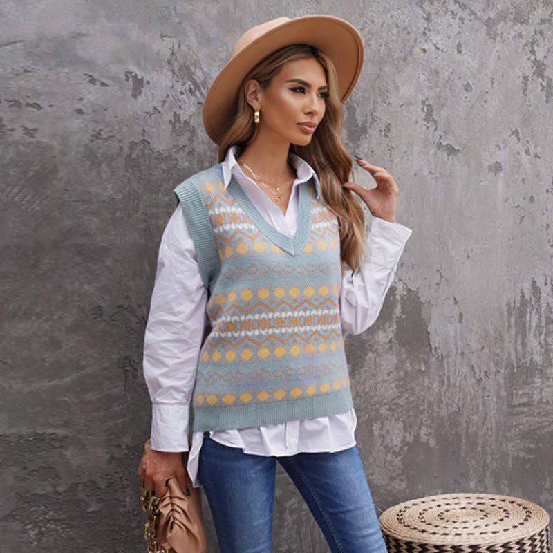 Casual Loose V-Neck Pullover Women's Winter Sweater Vest  S Dark Blue 