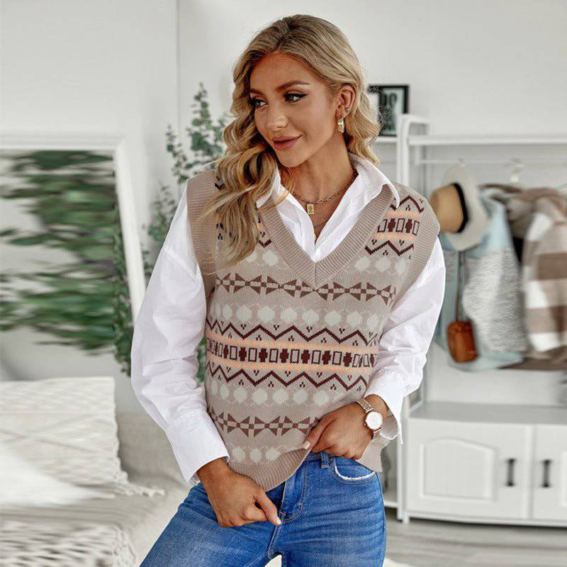 Casual Loose V-Neck Pullover Women's Winter Sweater Vest  S Khaki 