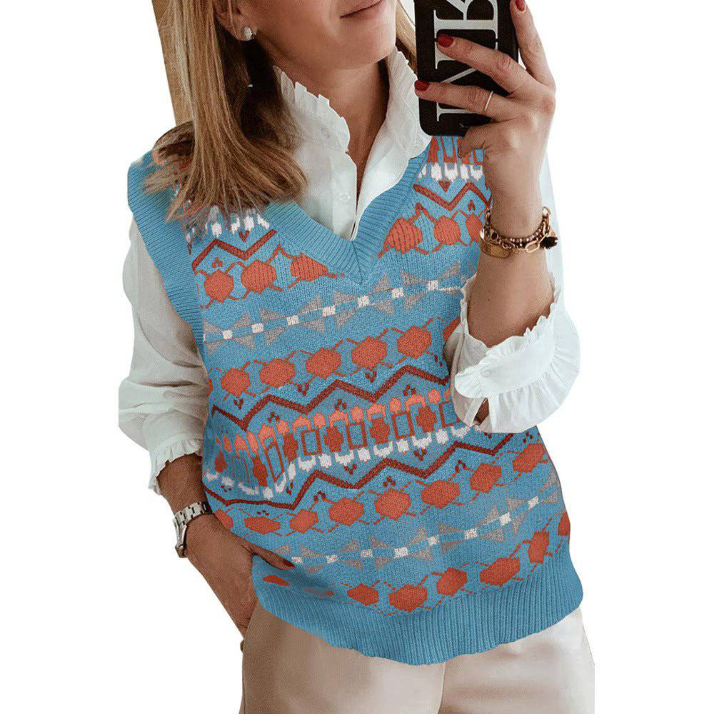 Casual Loose V-Neck Pullover Women's Winter Sweater Vest  S Light Blue 