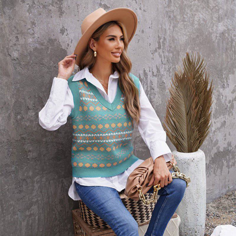 Casual Loose V-Neck Pullover Women's Winter Sweater Vest  S Green 