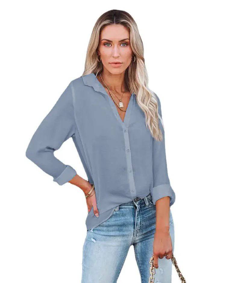 Casual Loose V-Neck Shirt - Women's Autumn/Winter Long Sleeve Top  S Gray 