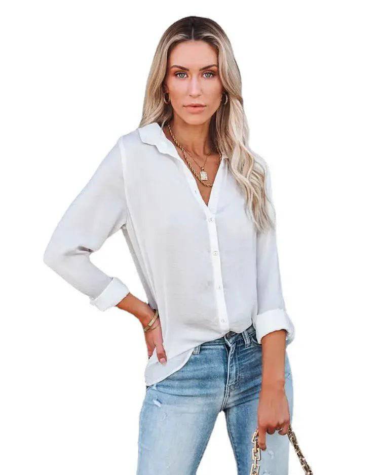 Casual Loose V-Neck Shirt - Women's Autumn/Winter Long Sleeve Top  S White 