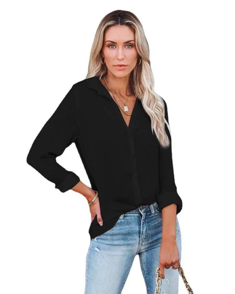 Casual Loose V-Neck Shirt - Women's Autumn/Winter Long Sleeve Top  S Black 