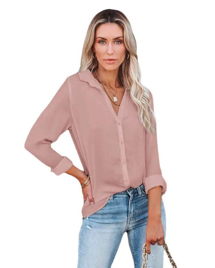 Casual Loose V-Neck Shirt - Women's Autumn/Winter Long Sleeve Top  S Pink 