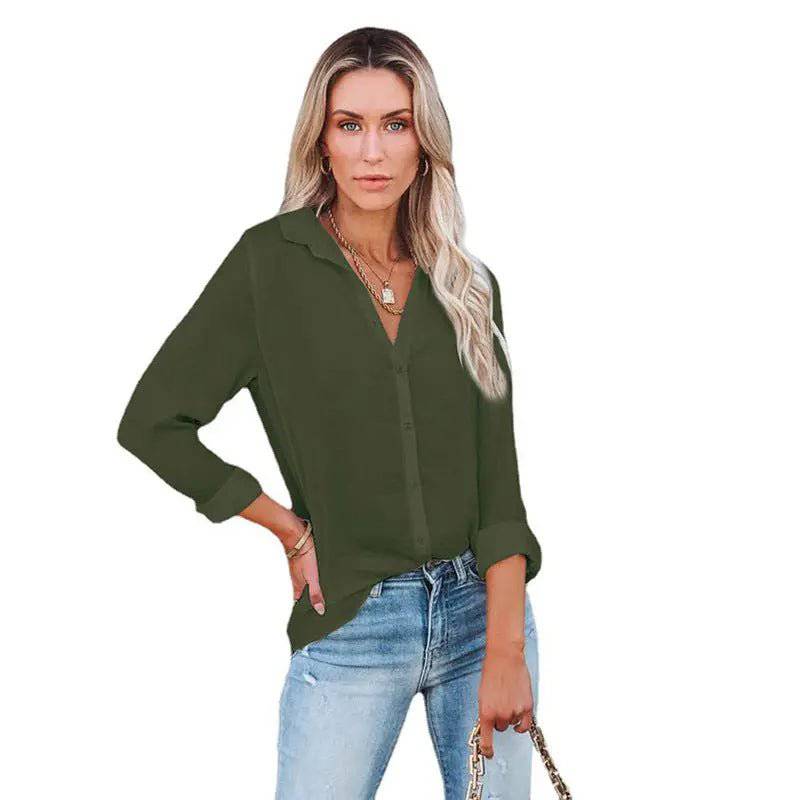 Casual Loose V-Neck Shirt - Women's Autumn/Winter Long Sleeve Top  S Army Green 