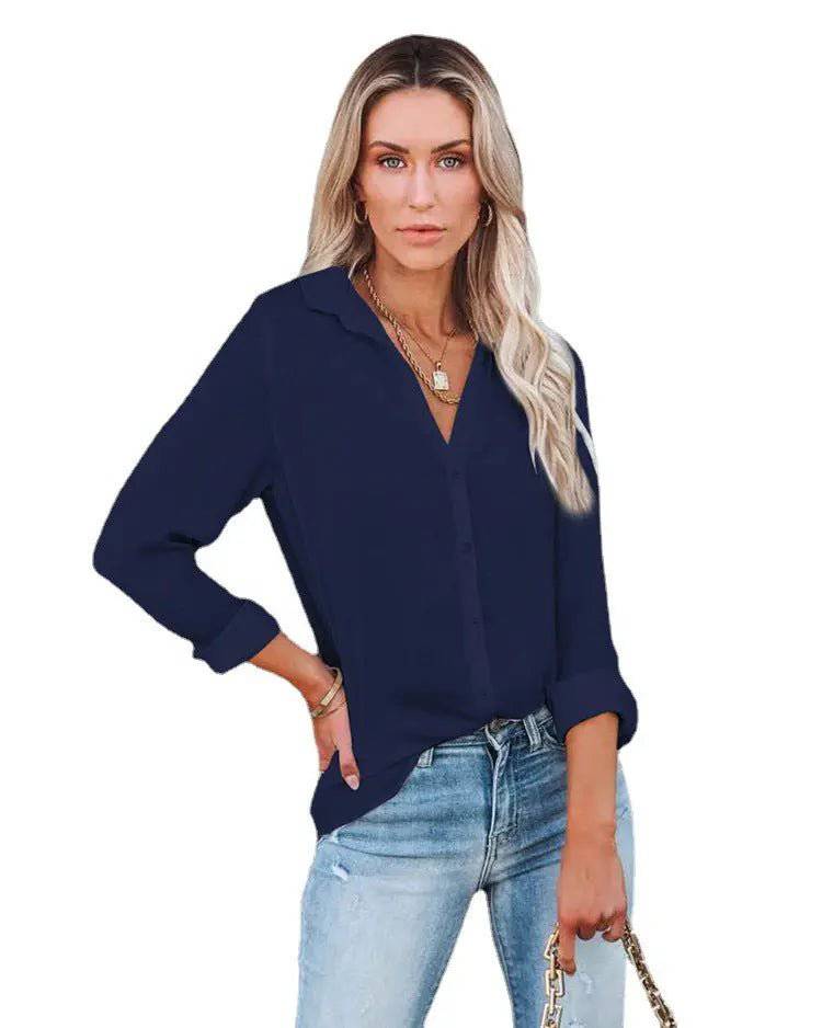 Casual Loose V-Neck Shirt - Women's Autumn/Winter Long Sleeve Top  S Navy Blue 