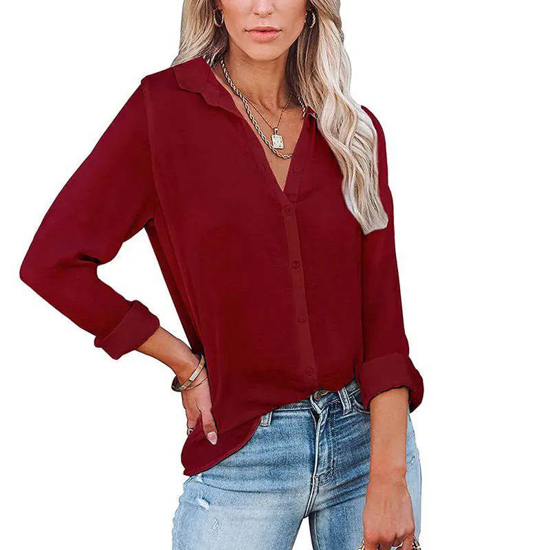 Casual Loose V-Neck Shirt - Women's Autumn/Winter Long Sleeve Top  S Burgundy 