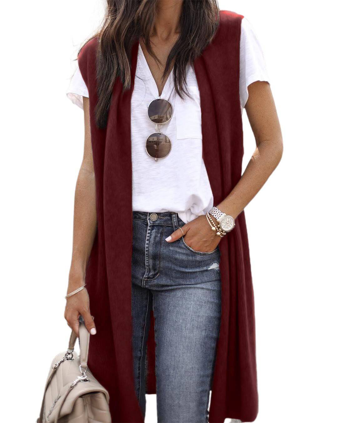 Casual Mid-Length Vest in Six Chic Colors  S Burgundy 