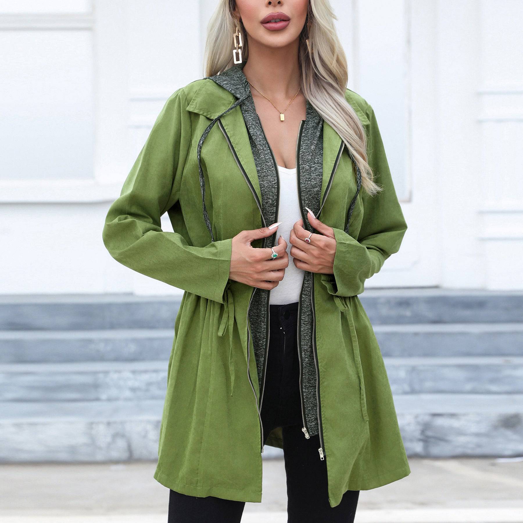 Casual Mid-Length Windbreaker with Double Zipper and Hood  S Army Green 