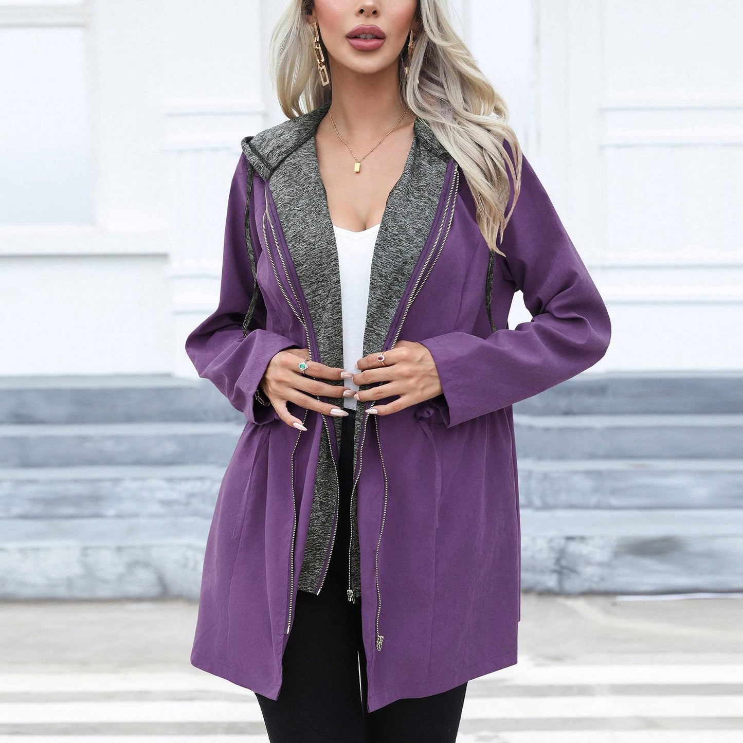 Casual Mid-Length Windbreaker with Double Zipper and Hood  S Purple 