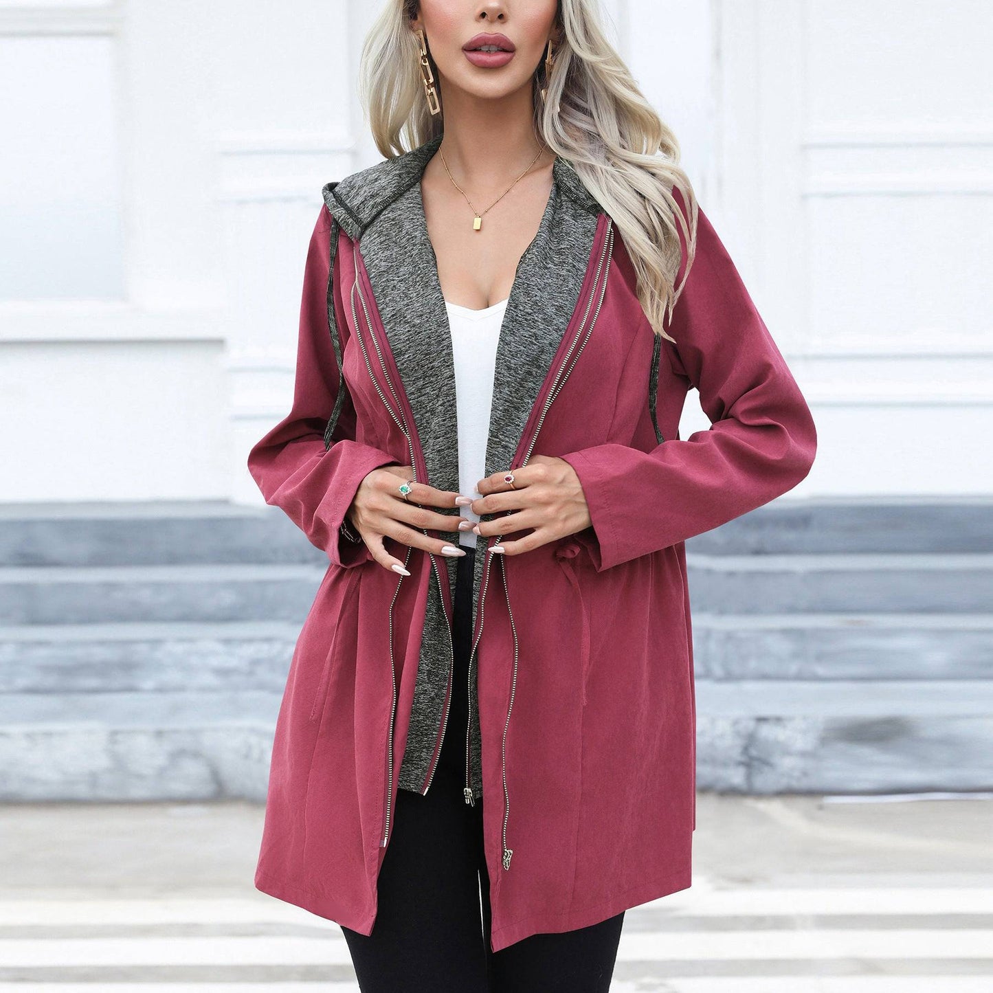 Casual Mid-Length Windbreaker with Double Zipper and Hood  S Wine Red 