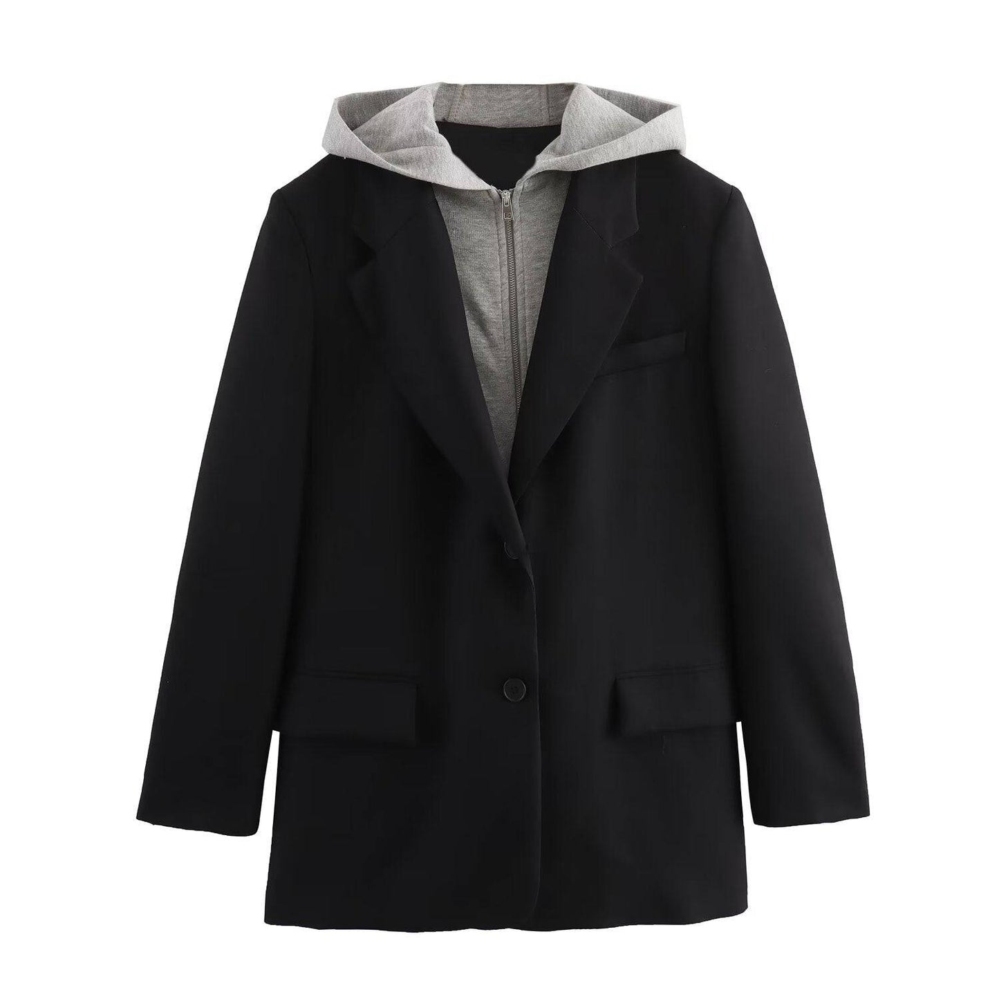 Casual Women's Hooded Blazer with Polo Collar  S Black 