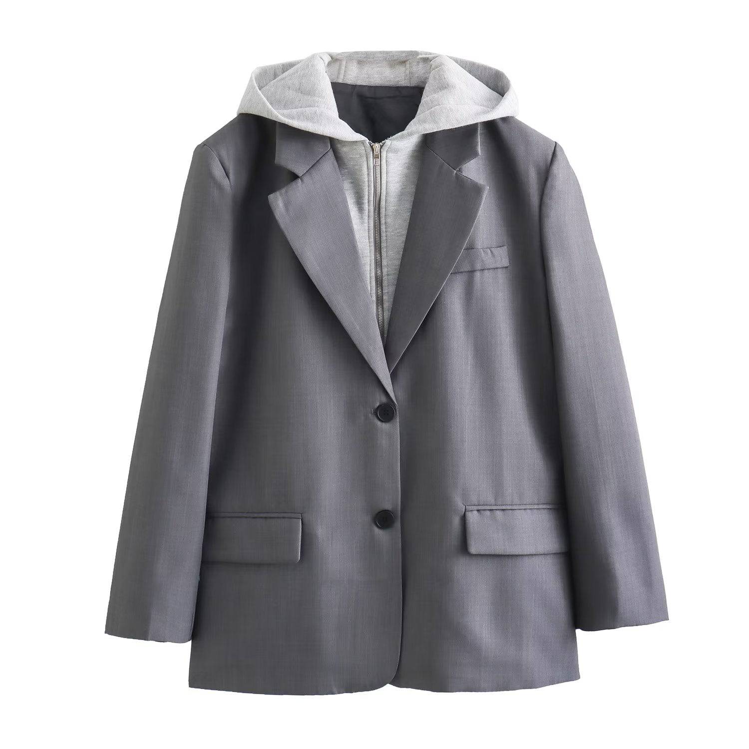 Casual Women's Hooded Blazer with Polo Collar  S Gray 