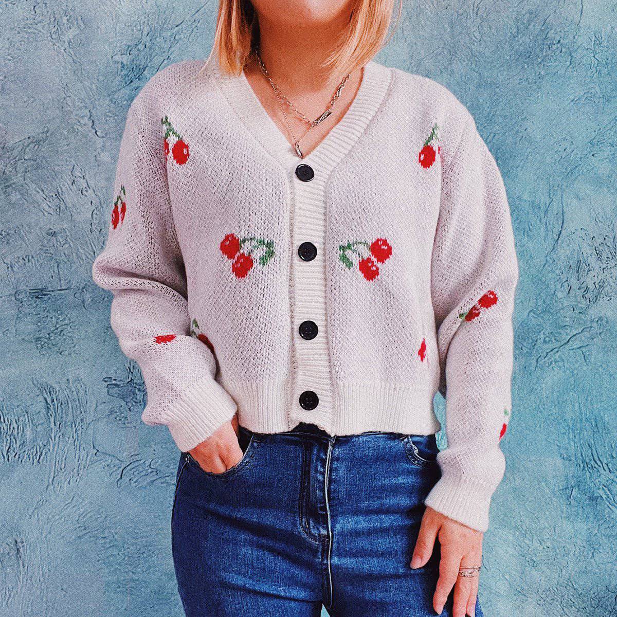 Charming Cherry Patterned Cardigan for Cozy Autumn and Winter Days    