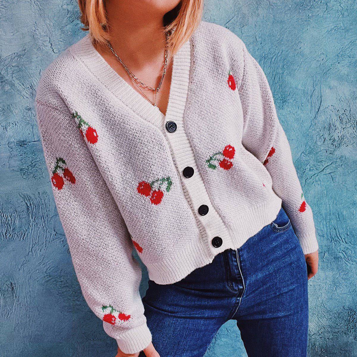 Charming Cherry Patterned Cardigan for Cozy Autumn and Winter Days    