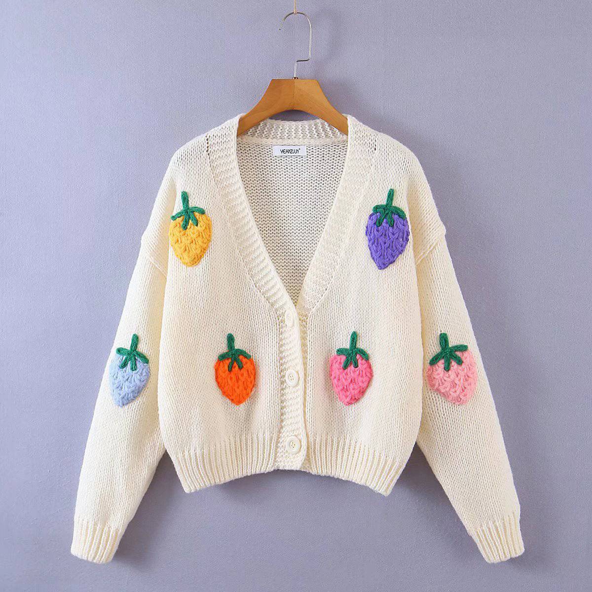 Charming Strawberry Pattern V-Neck Sweater Cardigan  One Size Ivory 