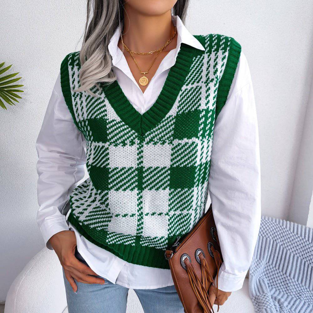 Check Pattern V-Neck Knitted Vest Sweater for Cozy Color Contrast  S Green 
