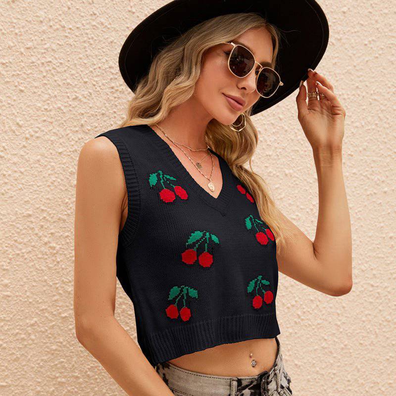 Cherry Jacquard Sleeveless Knitted Vest    