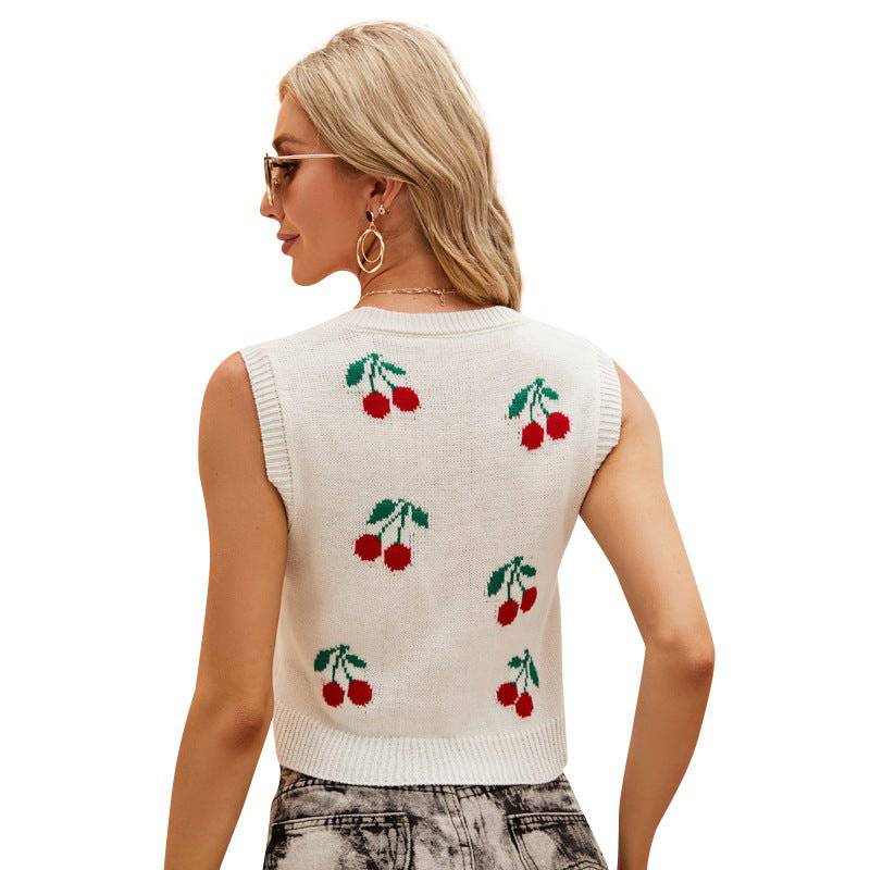 Cherry Jacquard Sleeveless Knitted Vest    