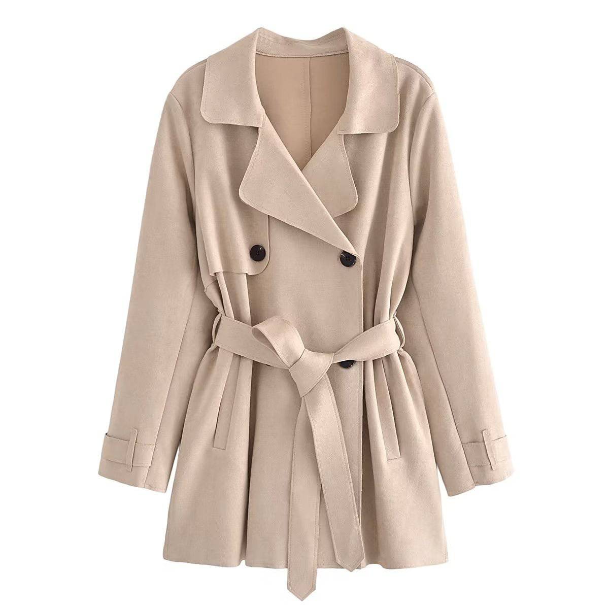 Chic and Cozy Autumn Suede Texture Trench Coat for Women  XS Khaki 