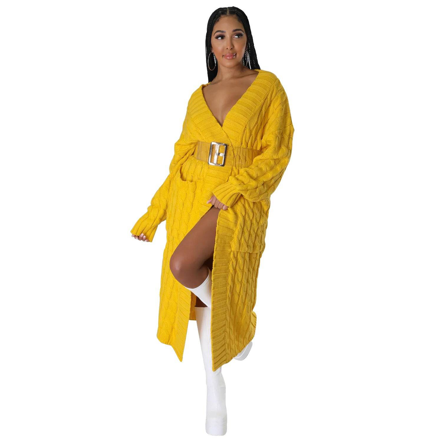 Chic and Cozy Long Sleeve Sweater Coat for Women  S Yellow 