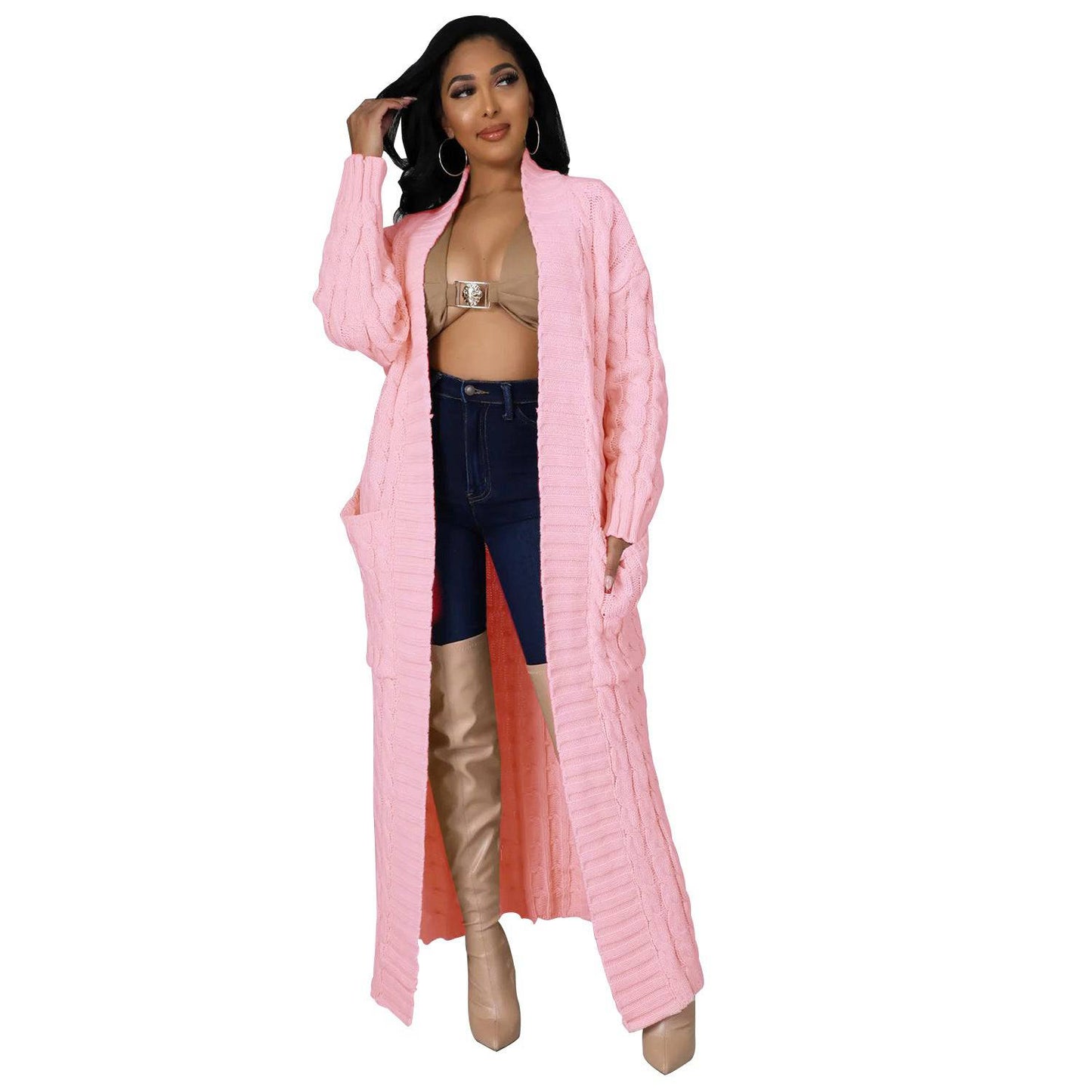 Chic and Cozy Long Sleeve Sweater Coat for Women  S Pink 