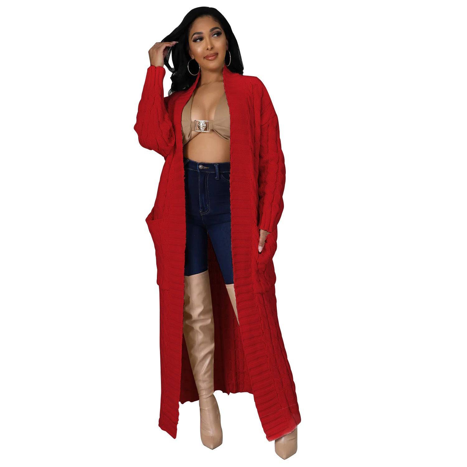 Chic and Cozy Long Sleeve Sweater Coat for Women  S Chinese Red 