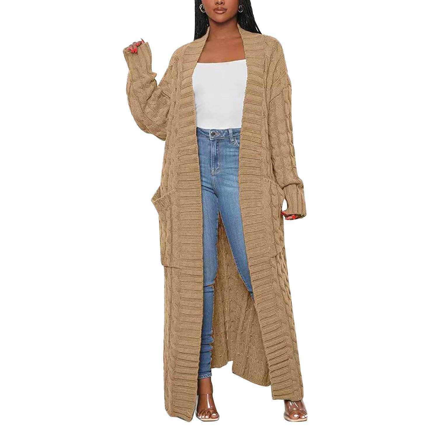 Chic and Cozy Long Sleeve Sweater Coat for Women  S Khaki 