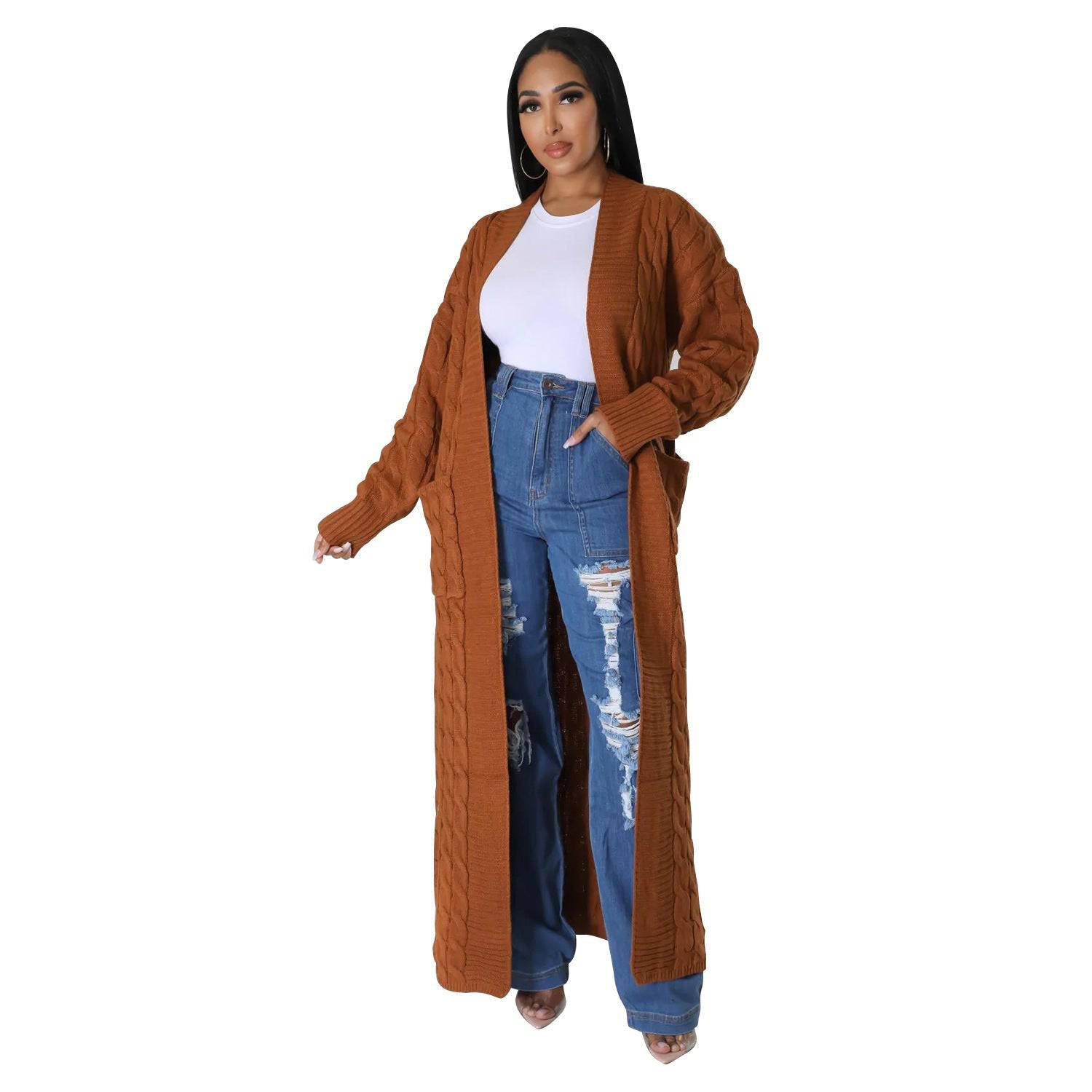 Chic and Cozy Long Sleeve Sweater Coat for Women  S Brown 