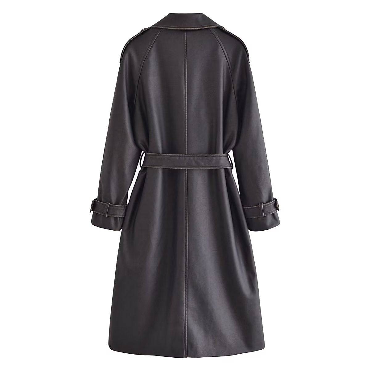 Chic Autumn Winter Women's Distressed Faux Leather Trench Coat with Bow Waist    