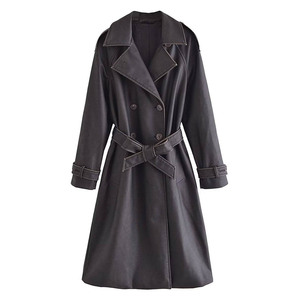 Chic Autumn Winter Women's Distressed Faux Leather Trench Coat with Bow Waist  XS Black 